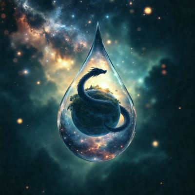 The primary subject of the image is a serpent or dragon, which is depicted as a drop of water. The setting is a night sky, with the serpent or dragon surrounded by stars. The visual style is a digital art or illustration, creating a surreal and fantastical atmosphere. The dominant colors are blue and purple, with the serpent or dragon being a shade of blue, and the stars in the background being purple.